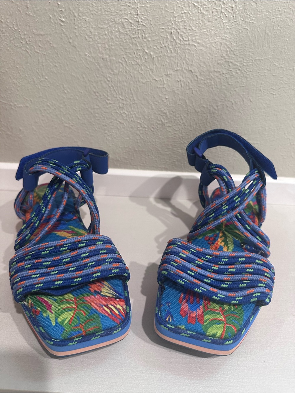 FARM Rio Blue Floral Rope Lace-Up Platform Sandals